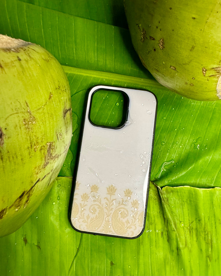 Phone case with a floral pattern on a green leaf background