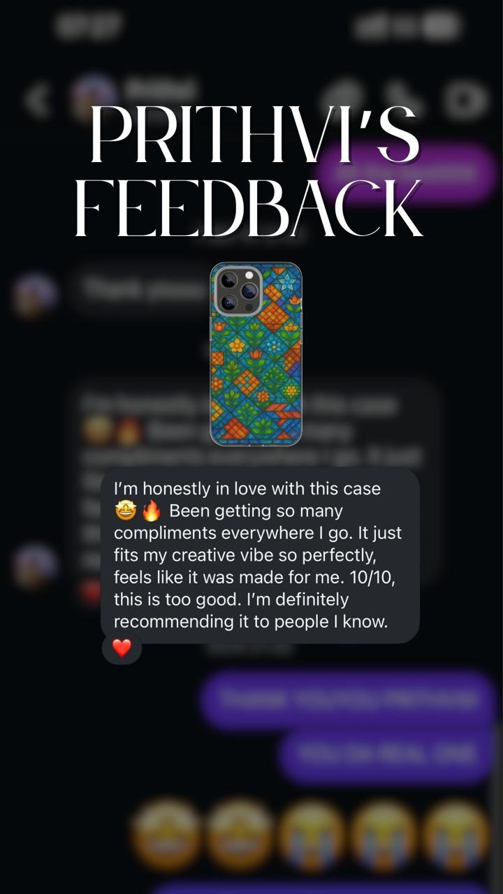 Phone case with colorful design and text feedback on a dark background