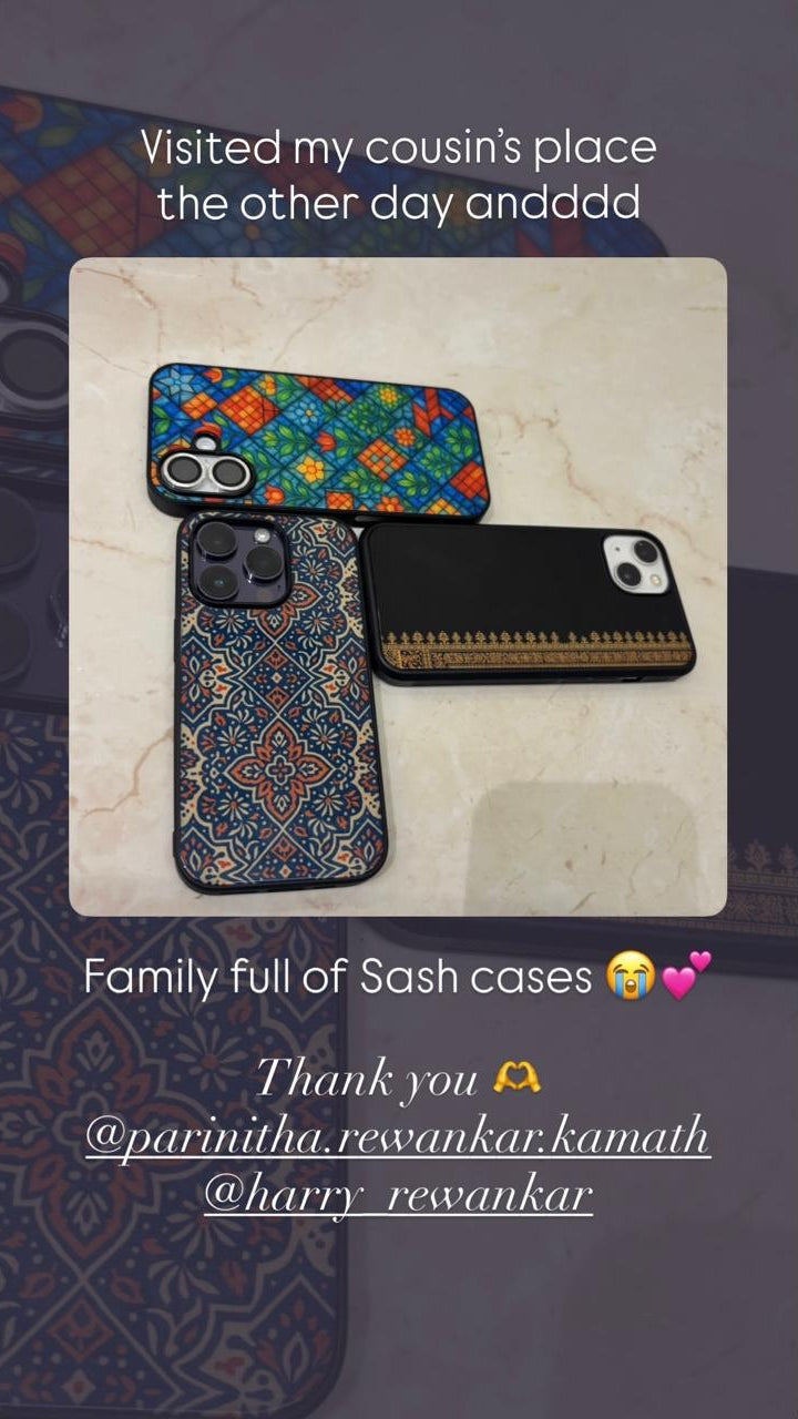 Three phone cases on a stone surface with text thanking family members for the sash cases.
