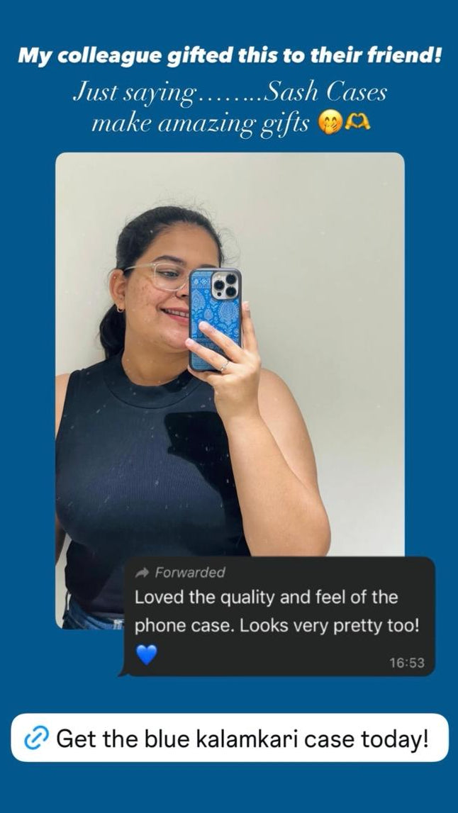 Person holding a blue phone case with text overlay on a blue background