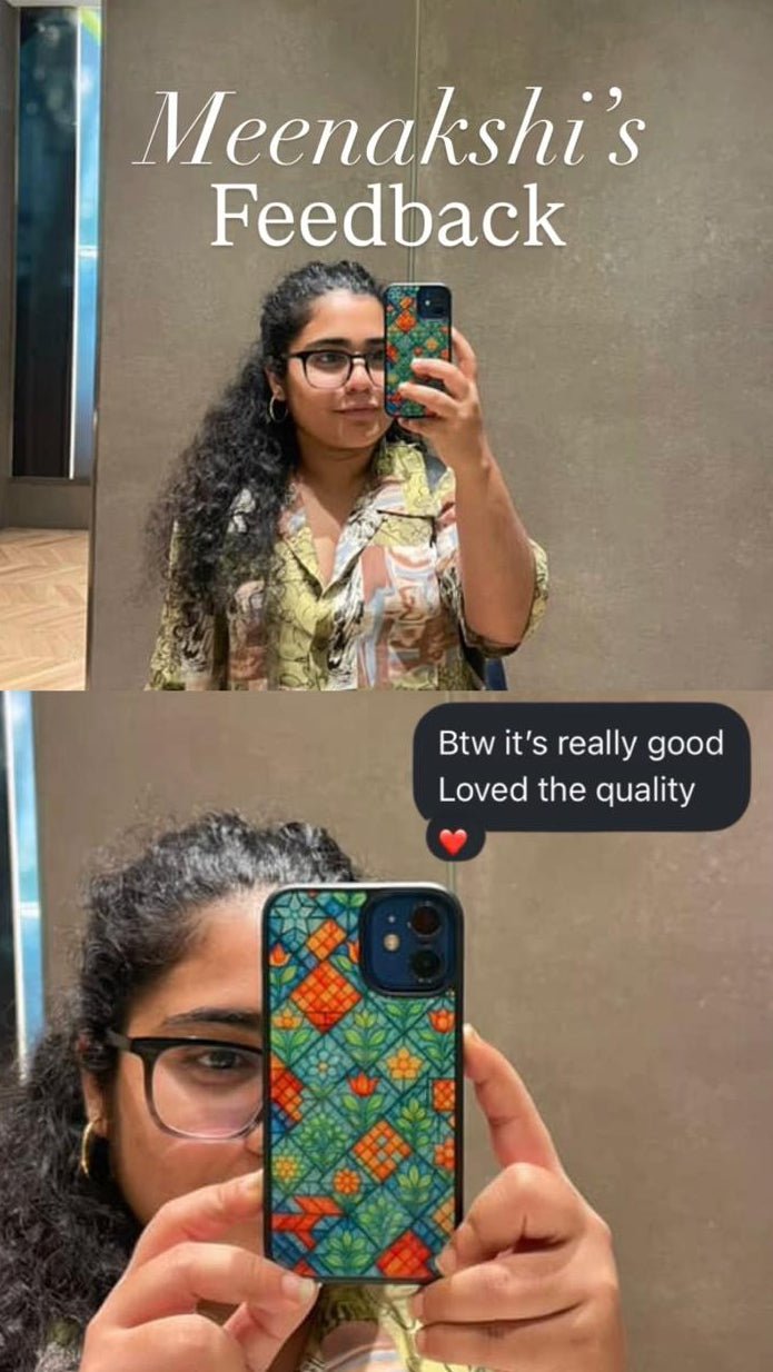 Person holding a phone with a colorful case, taking a mirror selfie, with text overlay 'Meenakshi's Feedback' and 'Loved the quality'.