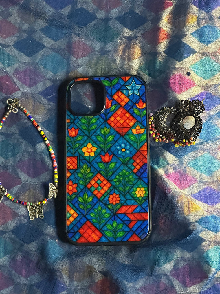 Sash Case Colourful Stained Glass phone case with vibrant geometric floral patterns and a glossy finish.