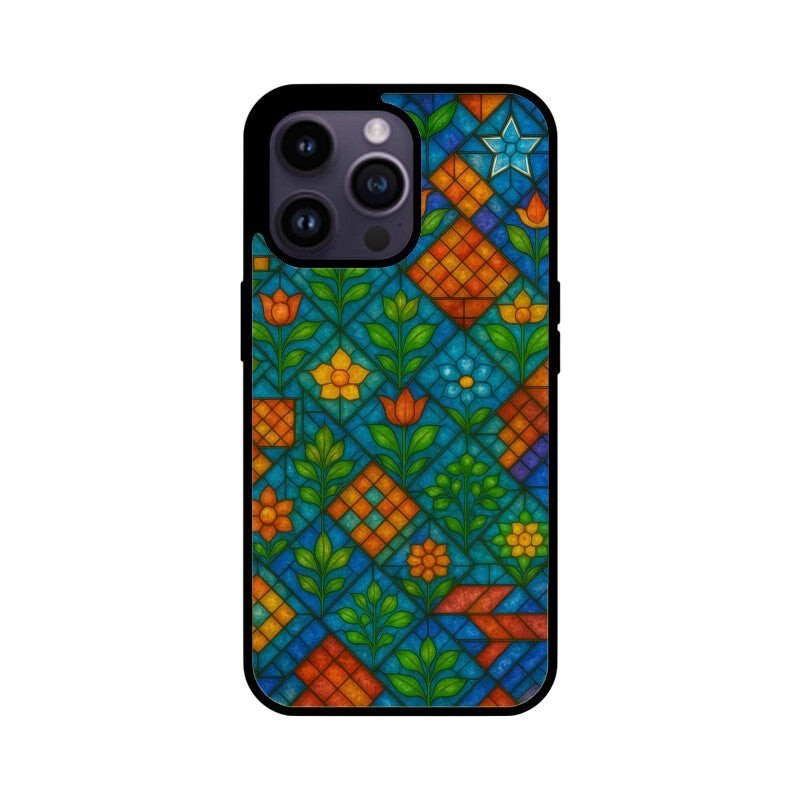 Sash Case phone cover featuring a vibrant Indian stained glass pattern with geometric shapes and floral motifs.