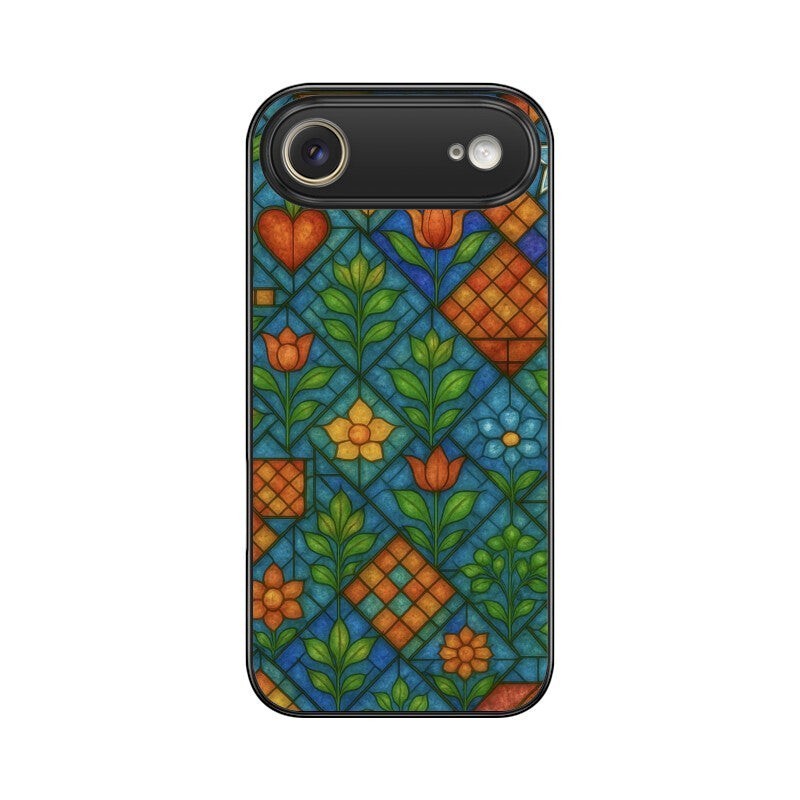 Sash Case phone cover with a vibrant stained glass pattern featuring floral motifs and geometric shapes in gloss finish