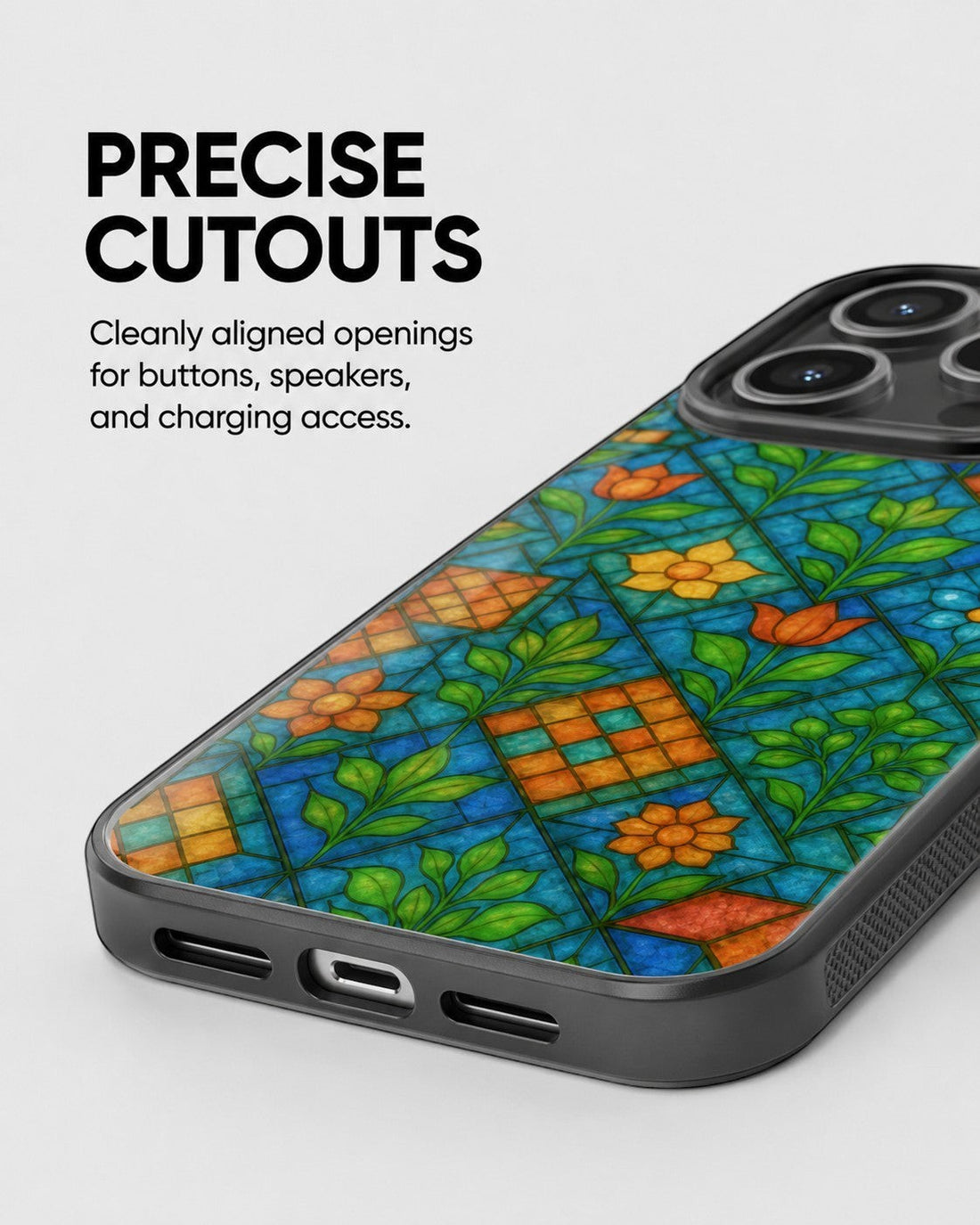Sash Case Colourful Stained Glass phone case with vibrant floral geometric patterns and precise charging cutouts