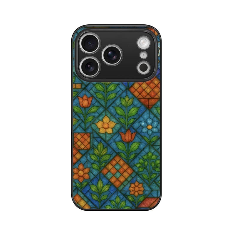 Sash Case phone cover featuring a vibrant Indian stained glass floral pattern with geometric blue and orange tiles.