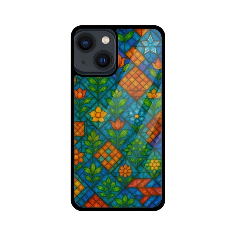 Sash Case phone cover featuring a vibrant stained glass pattern with geometric shapes and floral motifs in glossy TPU
