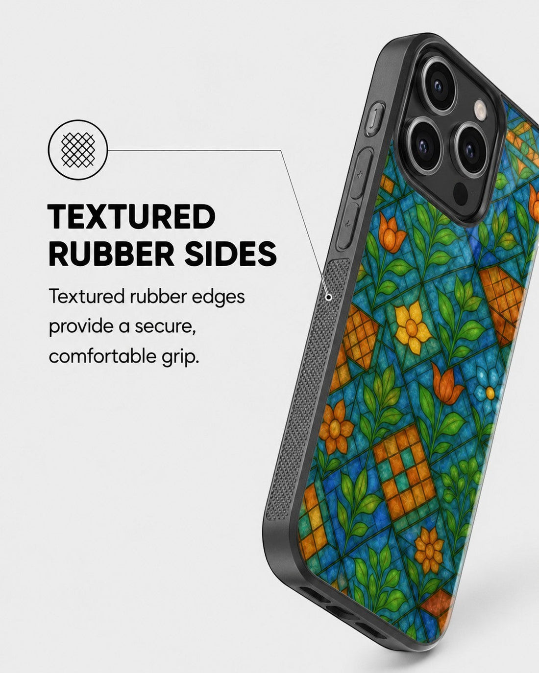 Sash Case Colourful Stained Glass phone case with geometric floral patterns and textured black rubber grip sides