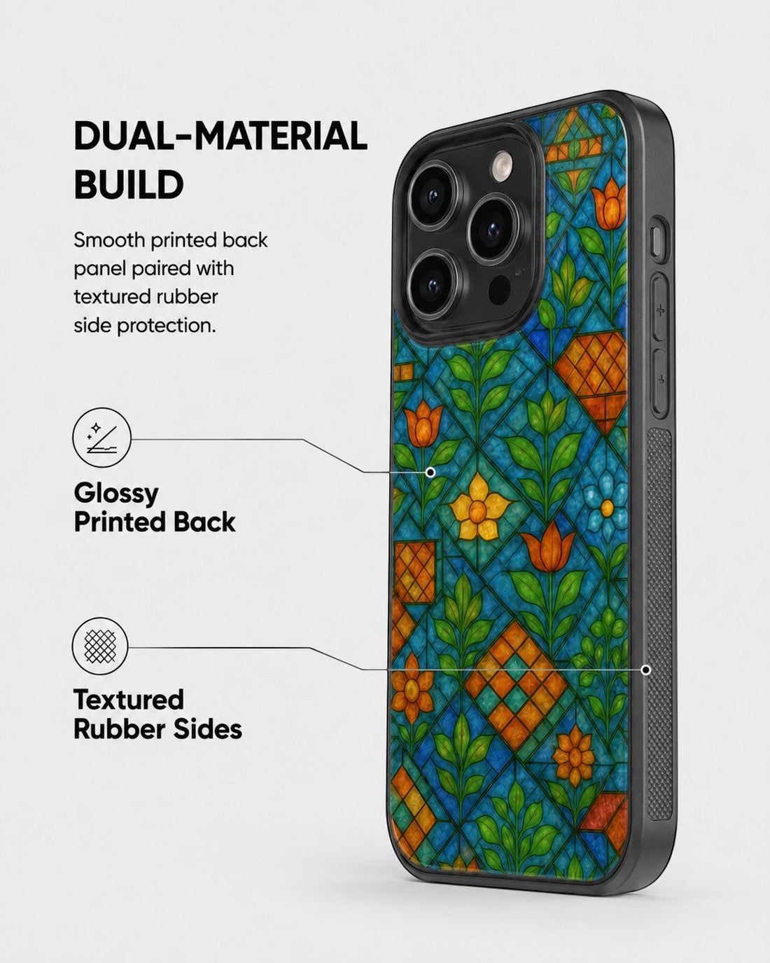 Sash Case Colourful Stained Glass phone case with a glossy floral geometric print and textured black rubber sides.