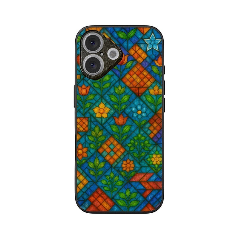 Sash Case phone cover featuring a vibrant Indian stained glass pattern with floral motifs and geometric shapes.