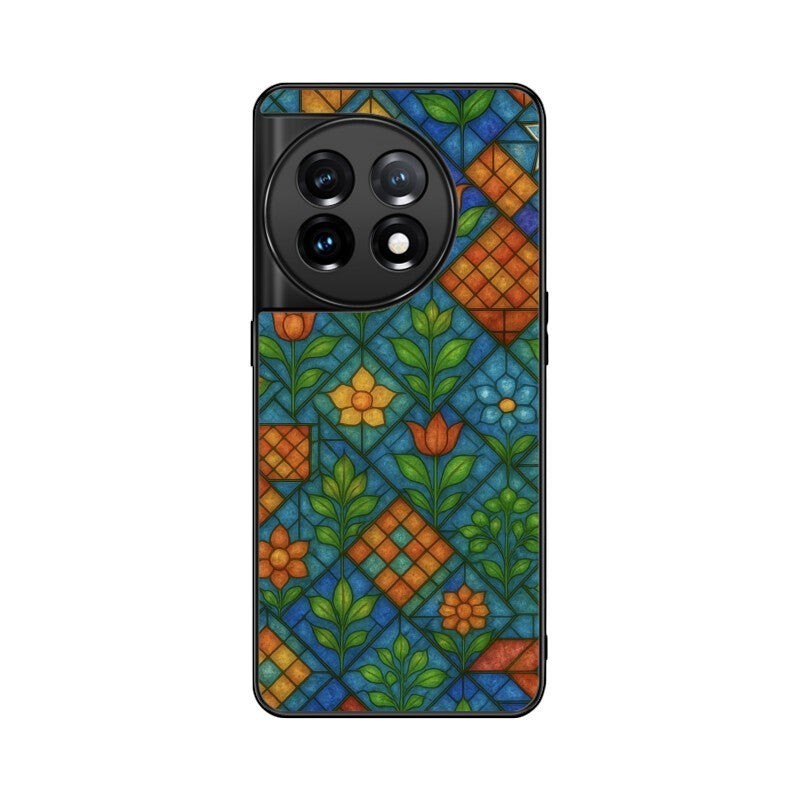 Sash Case phone cover featuring a vibrant stained glass pattern with geometric floral motifs and a glossy finish.