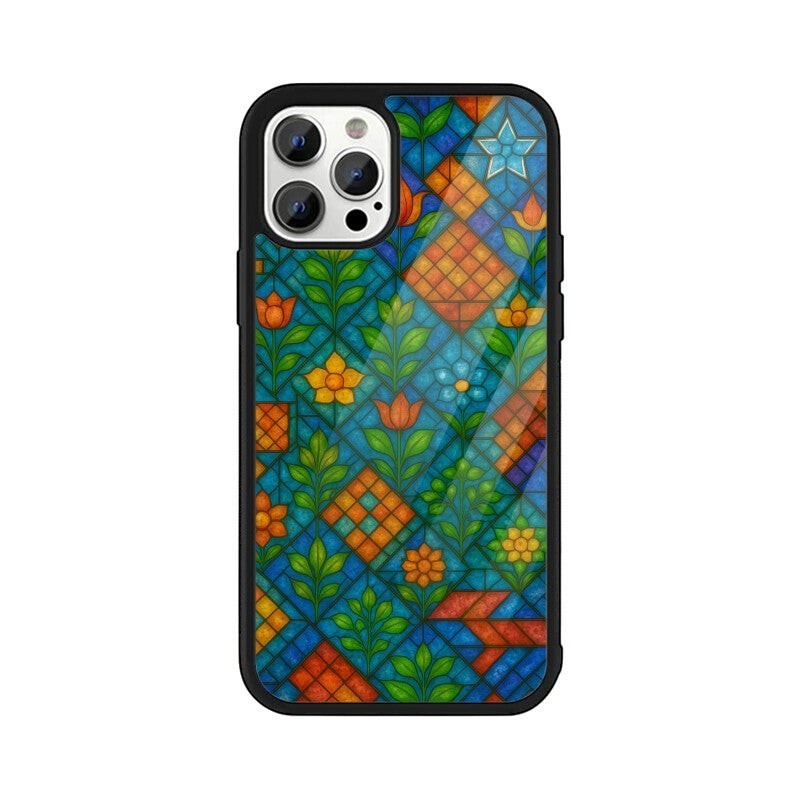 Sash Case phone cover featuring a vibrant Indian stained glass floral pattern with a glossy finish and 360-degree frame.