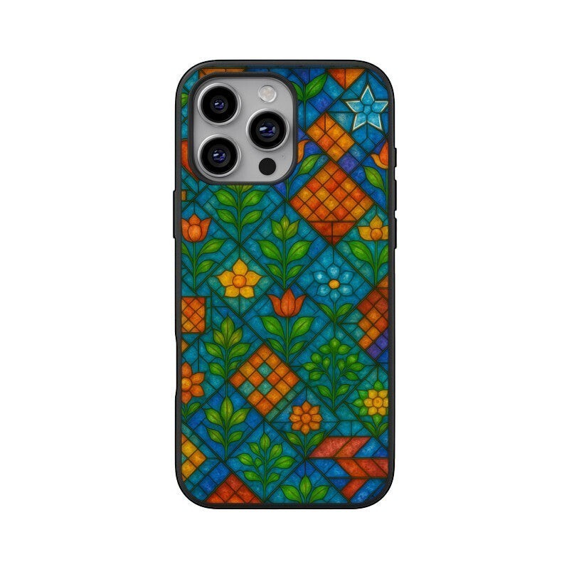 Sash Case phone cover featuring a vibrant stained glass pattern with floral motifs and geometric shapes in glossy TPU.