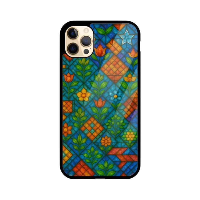 Sash Case phone cover featuring a vibrant stained glass pattern with geometric shapes, floral motifs, and gloss finish.