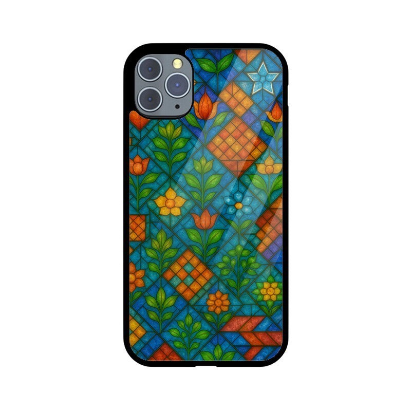 Sash Case phone cover featuring a vibrant Indian stained glass pattern with floral motifs and geometric shapes.