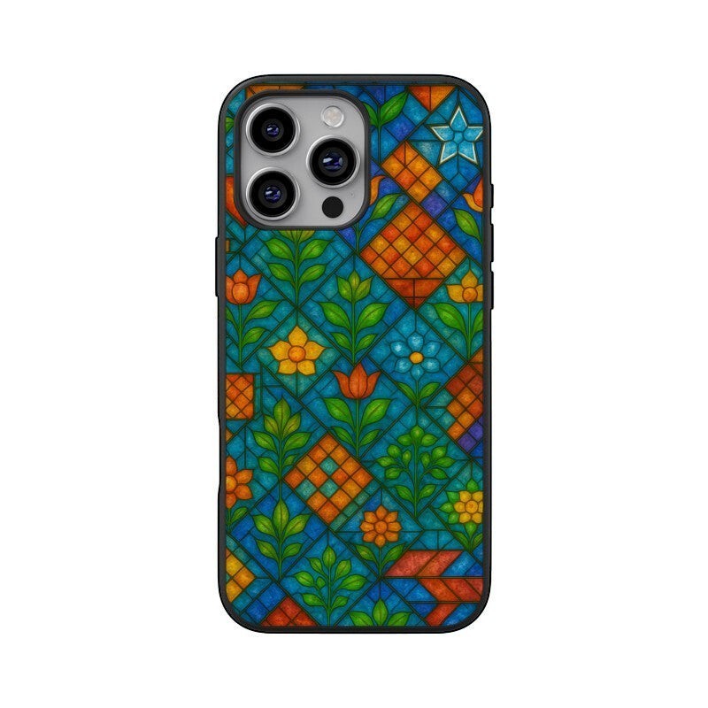 Sash Case phone cover with a vibrant Indian stained glass floral pattern, featuring a glossy, durable TPU finish.