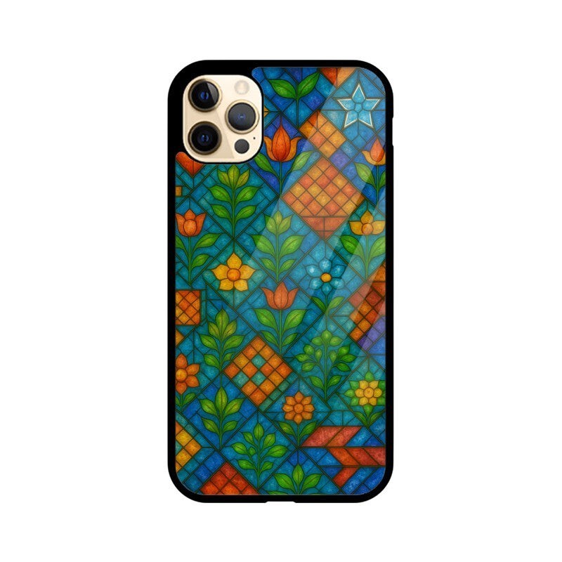 Sash Case phone cover featuring a vibrant Indian stained glass pattern with floral motifs and a glossy finish.